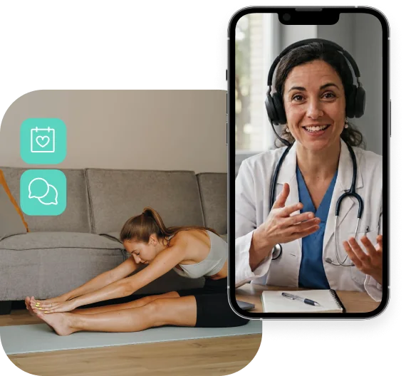 Una mujer estirando en casa mientras habla por videollamada con su médica.